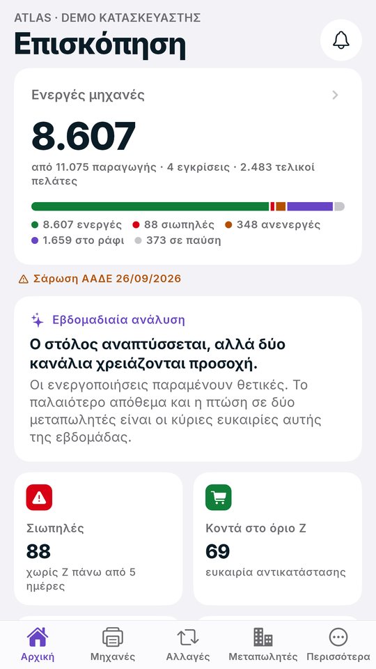 Η αρχική του MyZETA Pro για Atlas με την εικόνα του στόλου και την εβδομαδιαία ανάλυση