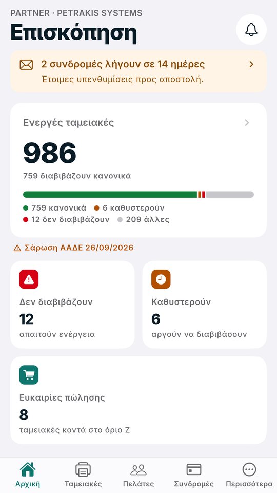 Η αρχική του MyZETA Pro για Partner με την κατάσταση διαβίβασης των ταμειακών